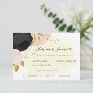 black  pink flowers gold botanical meal choice RSVP card