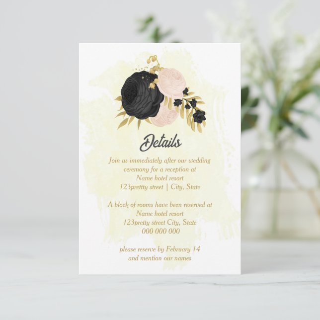 black  pink flowers gold botanical wedding details enclosure card (Standing Front)