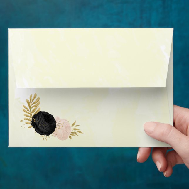 black & pink flowers gold botanical wedding envelope (Hand)