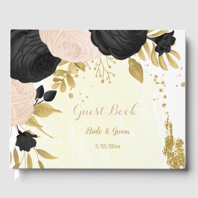 black & pink flowers gold botanical wedding guest book (Front)