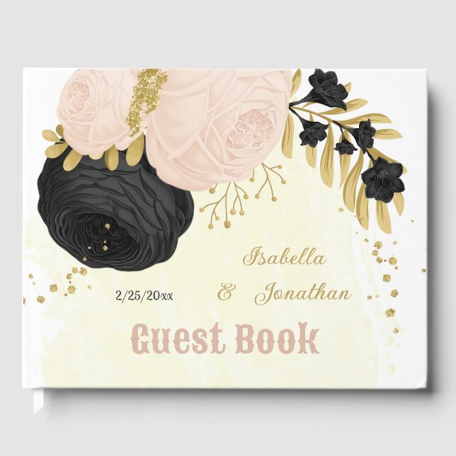 black & pink flowers gold botanical wedding guest book (Front)