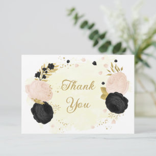 black & pink flowers gold botanical wedding thank  you card