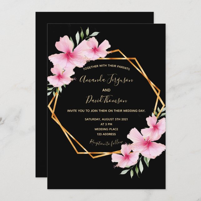 Black pink flowers gold geometric wedding invitation (Front/Back)