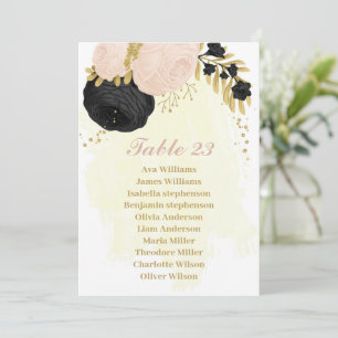 black & pink flowers gold seating chart card