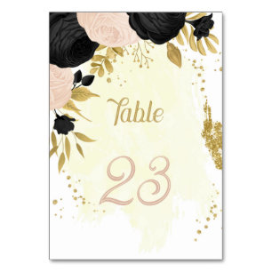 black & pink flowers gold wedding table number