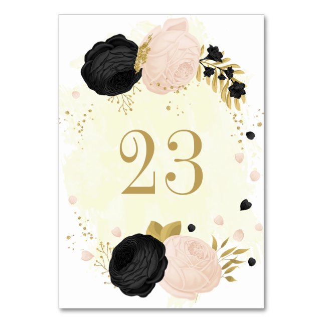 black & pink flowers gold wedding table number (Front)
