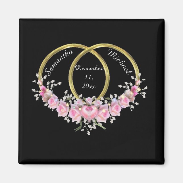 Black Pink Flowers Wedding Keepsake Magnet (Front)