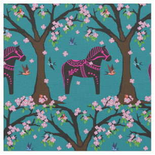 Black/pink Folk Dala horse/Folk birds/flowers 2.7 Fabric