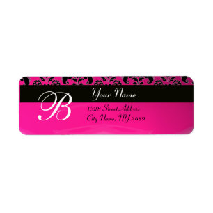 BLACK PINK FUCHSIA DAMASK MONOGRAM RETURN ADDRESS LABEL
