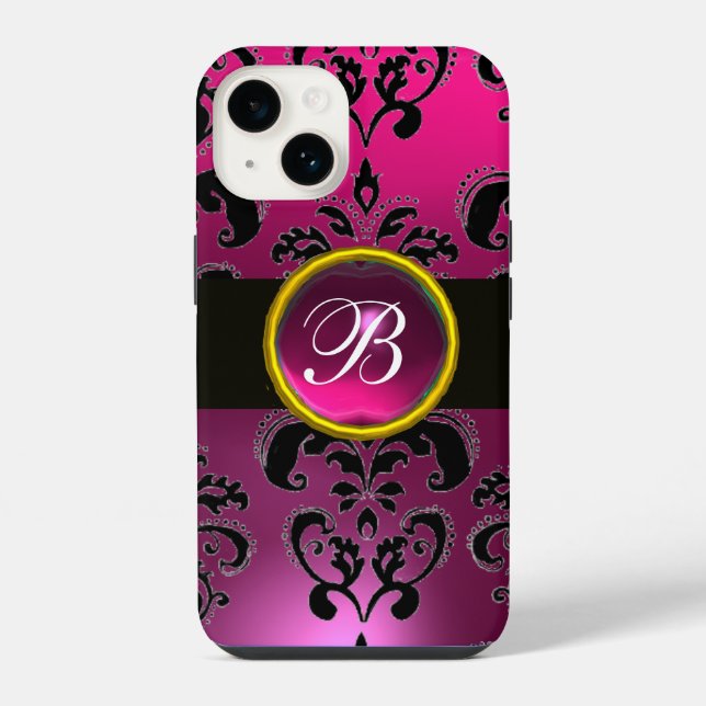 BLACK PINK FUCHSIA DAMASK MONOGRAM,Ruby Gem iPhone Case (Back)