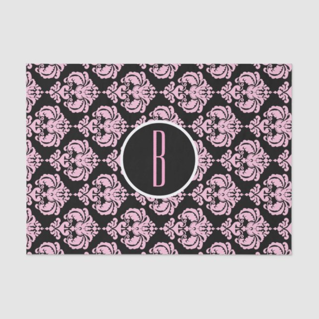 Black & Pink Glam Damask Monogram Letter Initial Tissue Paper (Front)