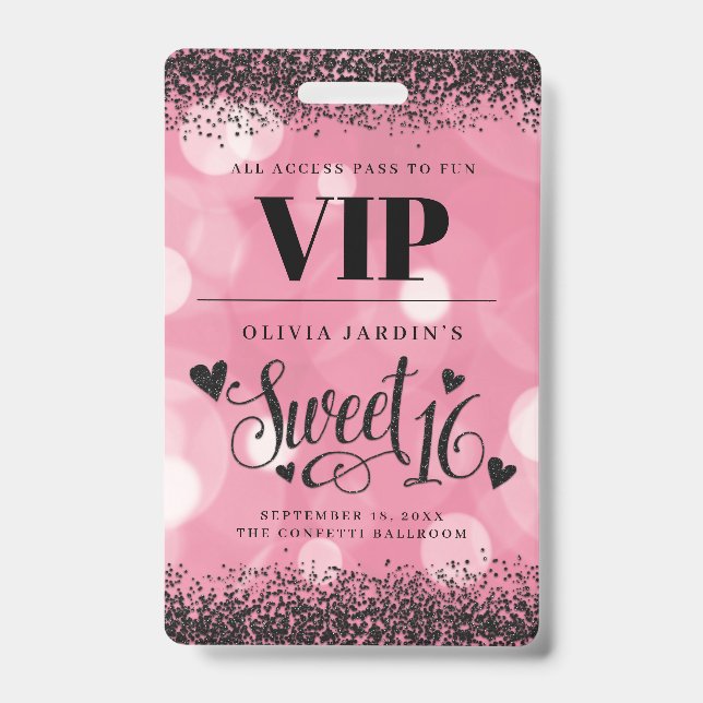 Black & Pink Glam Sweet 16 Badge ID Badge (Front)
