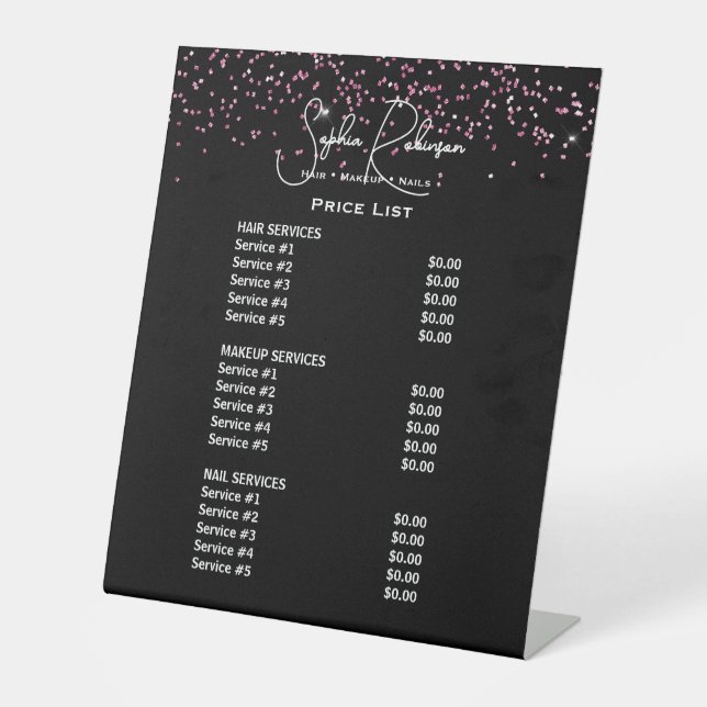 Black & Pink Glitter Beauty Salon Price List Pedestal Sign (Front)