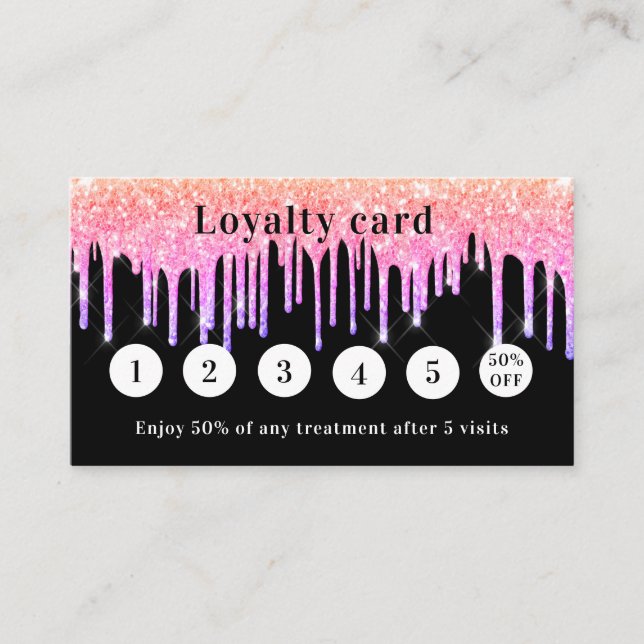 Black pink glitter drips photo qr code loyalty card (Front)