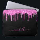 Black pink glitter drips sparkle script laptop sleeve<br><div class="desc">An elegant, girly and glam laptop sleeve. Pink, purple coloured coloured faux glitter drips. A chic black background. Personalise and add a name, written with a large modern hand lettered style script with swashes. Pink coloured letters. To keep the swashes only delete the sample name, leave the spaces or emoji's...</div>