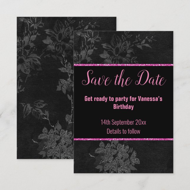 BLACK PINK GLITTER FLORAL SAVE THE DATE  RSVP CARD (Front/Back)