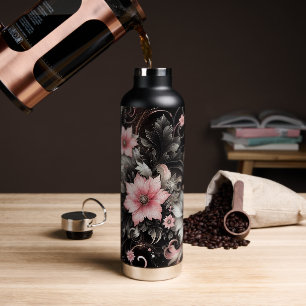 Black & Pink Glitter flowers Water Bottle