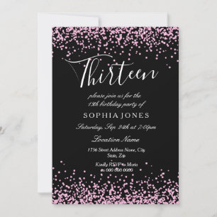 Black Pink Glitter Girls 13th Birthday Party Invitation
