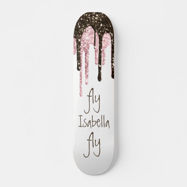 Black Pink Glitter Girly Sparkle Personalised Name Skateboard (Front)