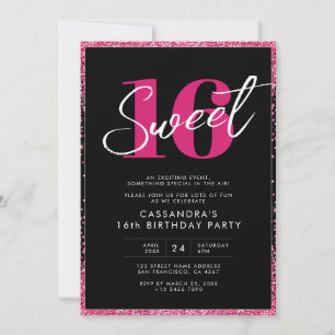 Black Pink Glitter Glam Sweet Sixteen Birthday Invitation