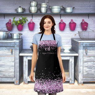 Black pink glitter monogram initials name apron