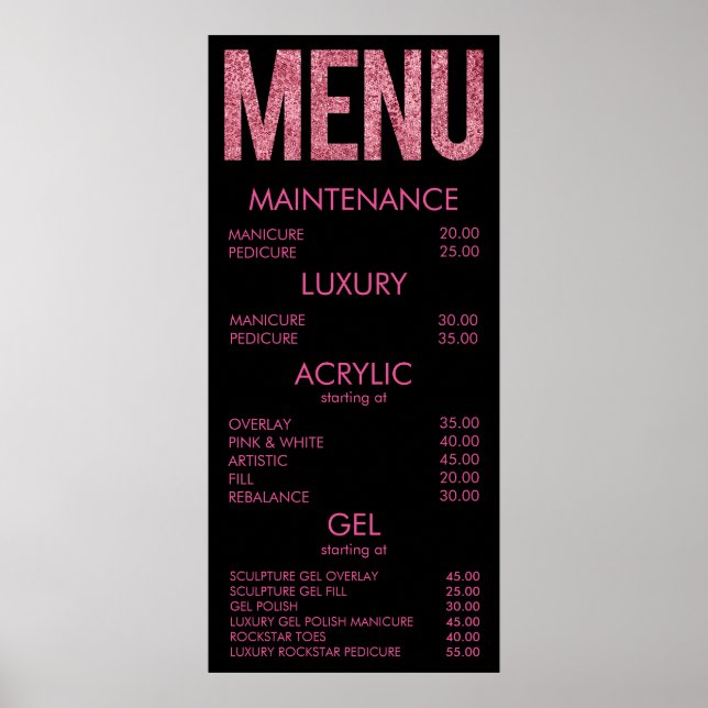 Black & Pink Glitter Salon Menu Wall Poster (Front)