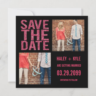 Black & Pink Glitter Save the Date Photo Cards