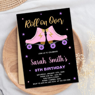 Black Pink Glitter Skating Birthday Invitations