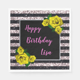 Black Pink Glitter Stripes Yellow Roses Birthday Napkin