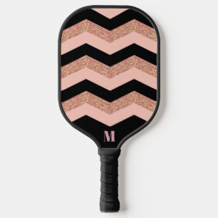 Black Pink Glitter Zigzag Pattern Modern Monogram Pickleball Paddle