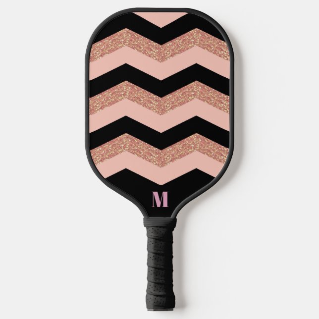 Black Pink Glitter Zigzag Pattern Modern Monogram Pickleball Paddle (Front)