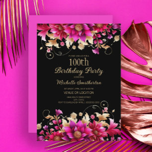 Black Pink Gold Floral 100th Birthday Party Invitation