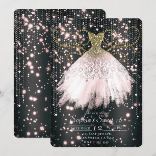 Black Pink Gold Glitter Dress Sweet 16 Party Invitation