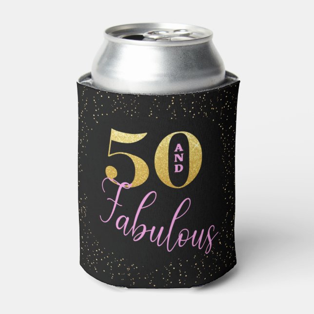 Black Pink Gold Glitter Fifty And Fabulous B'day Can Cooler (Can Front)