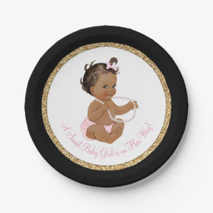 Black Pink Gold Pearl Ethnic Girl Baby Shower Paper Plate