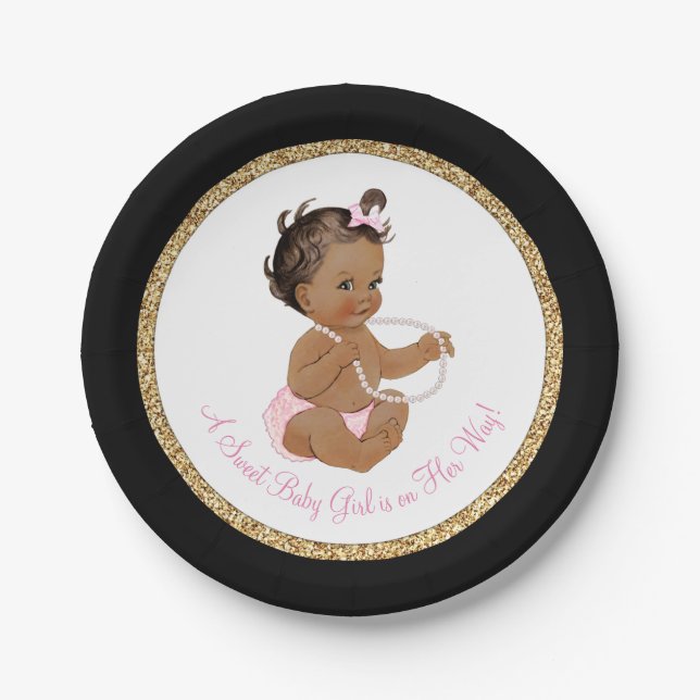 Black Pink Gold Pearl Ethnic Girl Baby Shower Paper Plate (Front)