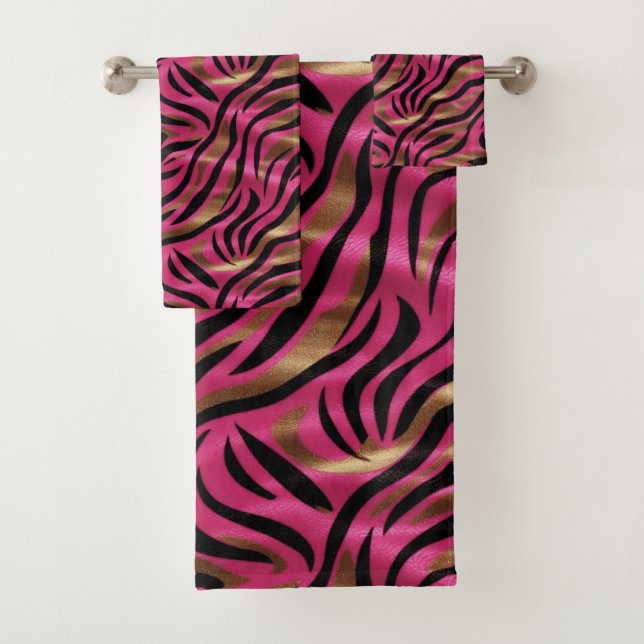 Black Pink Gold Zebra Stripes Animal Print Pattern Bath Towel Set (Insitu)