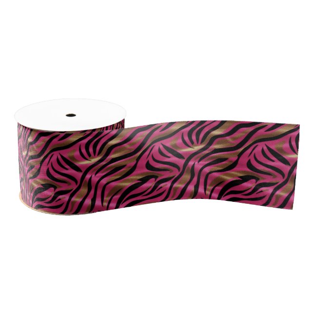 Black Pink Gold Zebra Stripes Animal Print Pattern Grosgrain Ribbon (Spool)