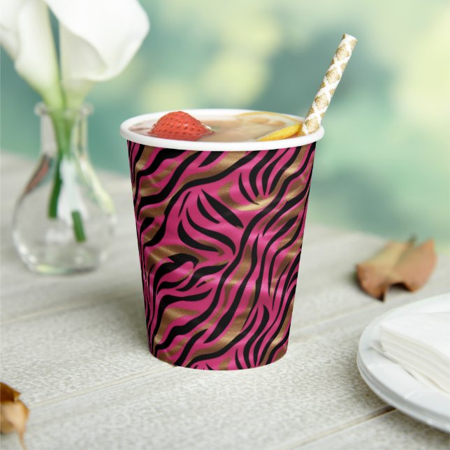 Black Pink Gold Zebra Stripes Animal Print Pattern Paper Cups (Insitu)