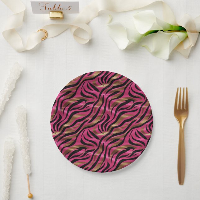 Black Pink Gold Zebra Stripes Animal Print Pattern Paper Plate (Wedding)