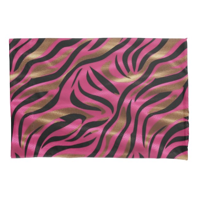 Black Pink Gold Zebra Stripes Animal Print Pattern Pillowcase (Front)