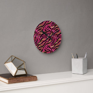 Black Pink Gold Zebra Stripes Animal Print Pattern Round Clock