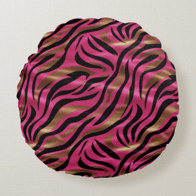 Black Pink Gold Zebra Stripes Animal Print Pattern Round Cushion (Front)
