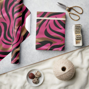 Black Pink Gold Zebra Stripes Animal Print Pattern Wrapping Paper