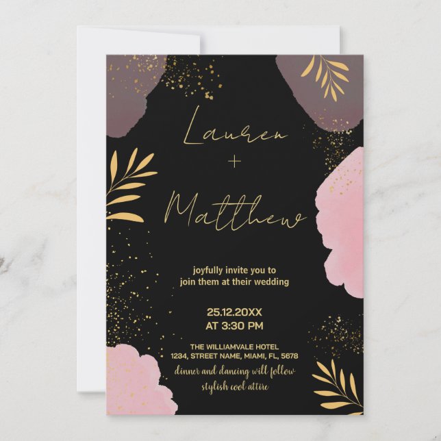 Black Pink Golden Wedding Invitations (Front)