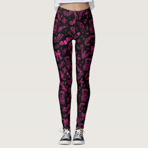 Black Pink Goth Doodle Leggings Bats Bows