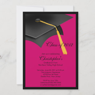Black Pink Grad Cap Graduation Party Invitation