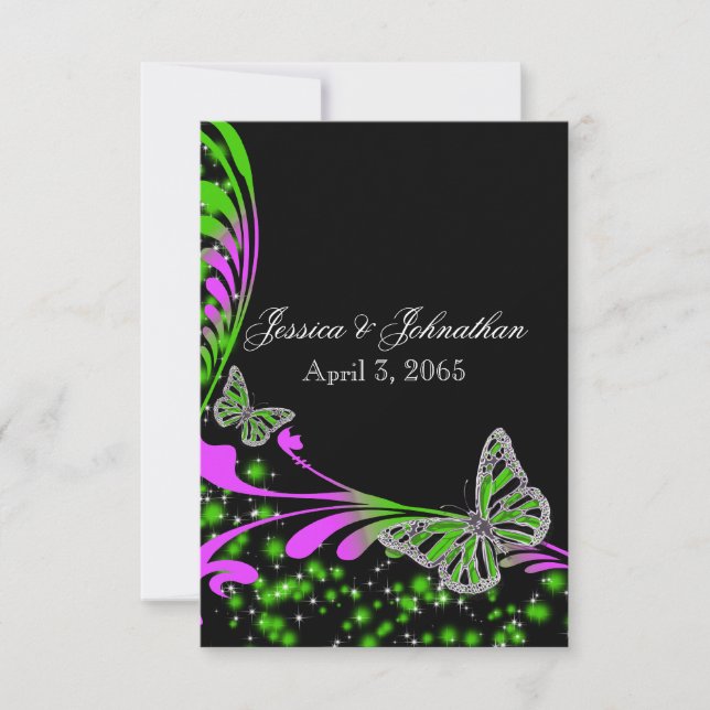 Black pink green butterfly sparkle invitation (Front)
