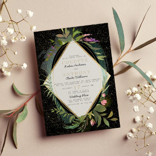 Black pink green faux gold confetti floral Wedding Invitation