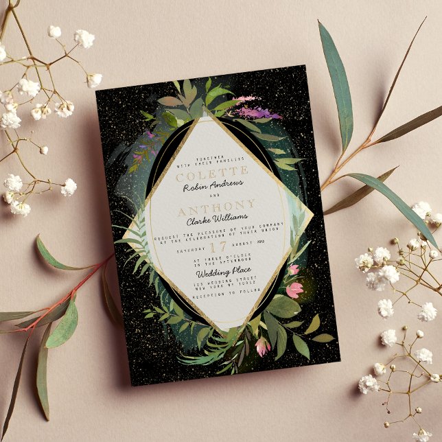 Black pink green faux gold confetti floral Wedding Invitation (Black pink green faux gold confetti floral Wedding )